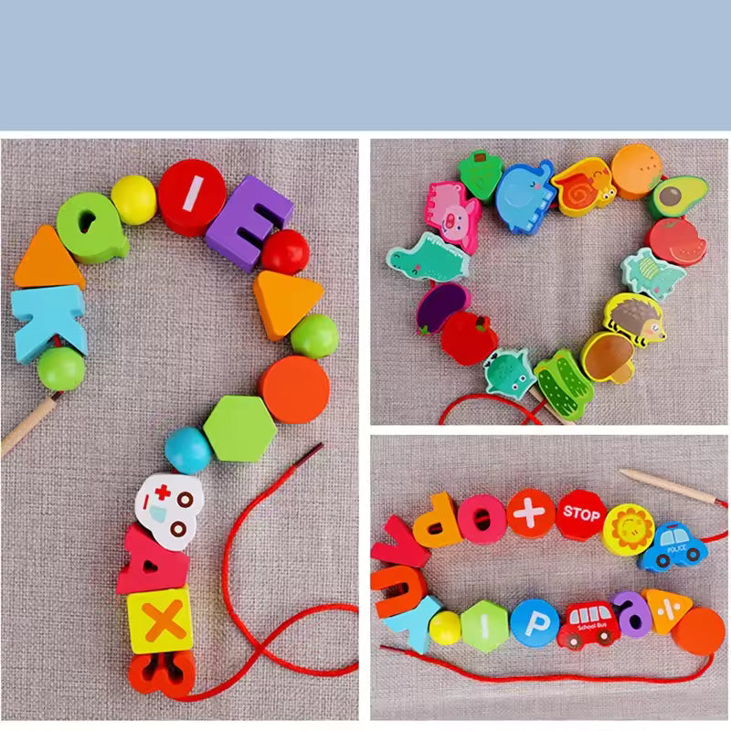 Montessori Wooden Bead Stringing Toy – Fruit & Animal DIY Set