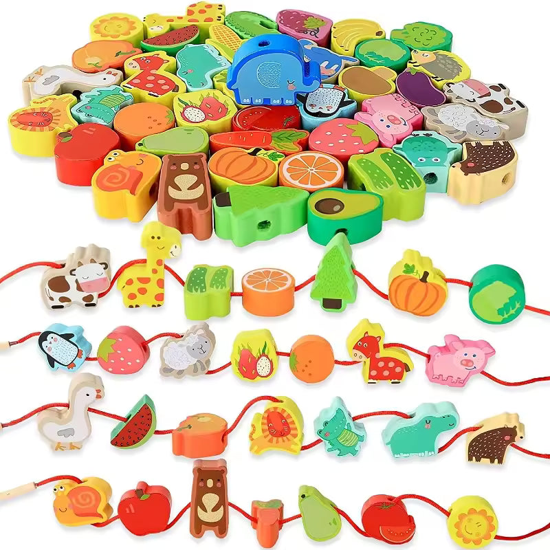 Montessori Wooden Stringing Toy – Fruit & Animal Threading Game