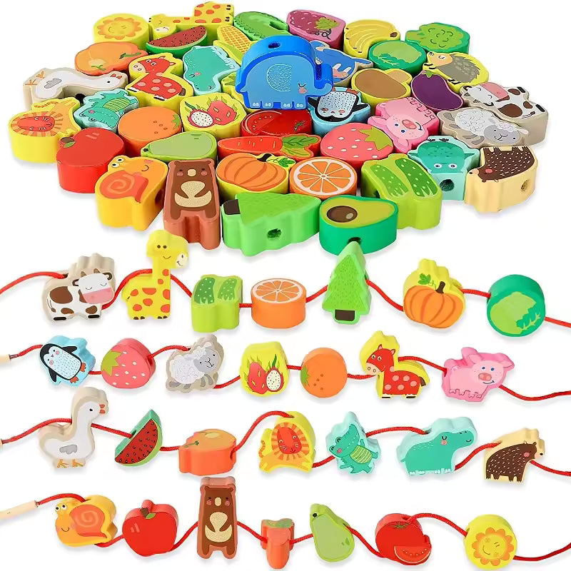 Montessori Wooden Bead Stringing Toy – Fruit & Animal DIY Set