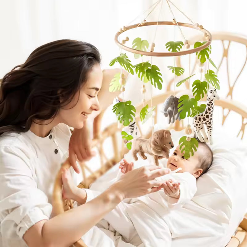 Baby Crib Mobile – Forest Animal Rattle with Wooden Bracket